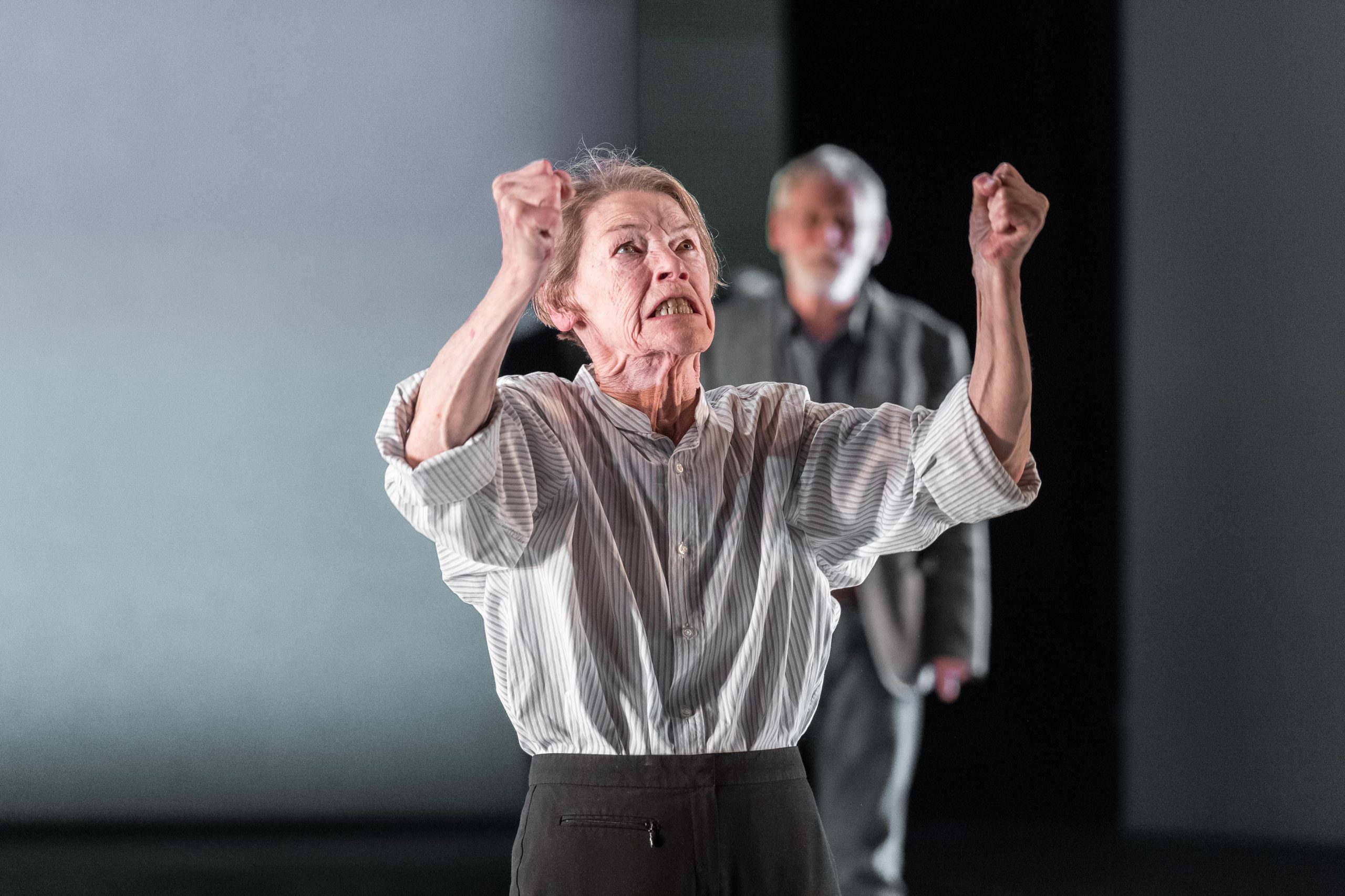 Glenda Jackson raises her fists to the sky in fury during a performance of King Lear