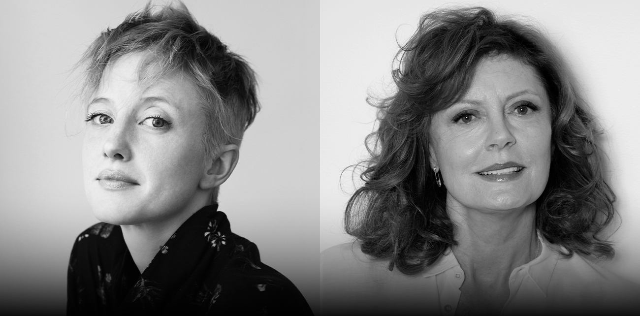 Headshots of actors Andrea Riseborough and Susan Sarandon.
