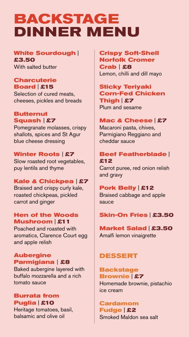 Backstage dinner menu – full page preview